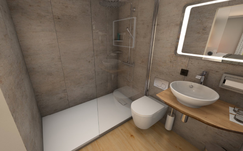 Modernes Badezimmer mit Keramico Wandpaneelen in Beton-Optik – fugenlose, wasserdichte Duschwand