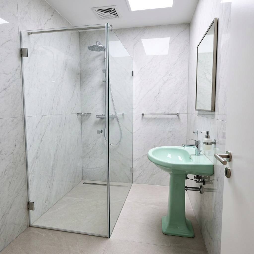 Modernes Gästebad mit Holzoptik-Wand und schwarzen Armaturen