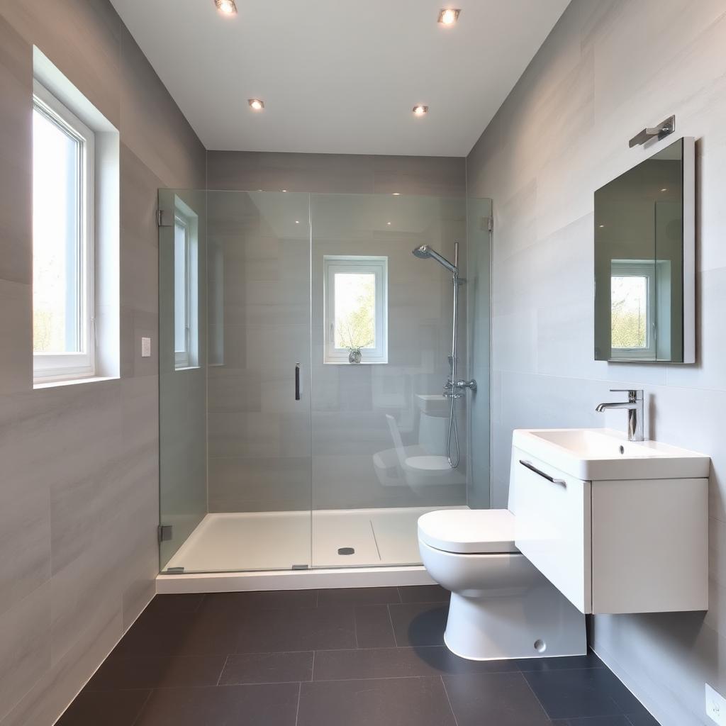 Modernes helles Bad mit Steinoptik-Wandpaneelen und Walk-in-Dusche