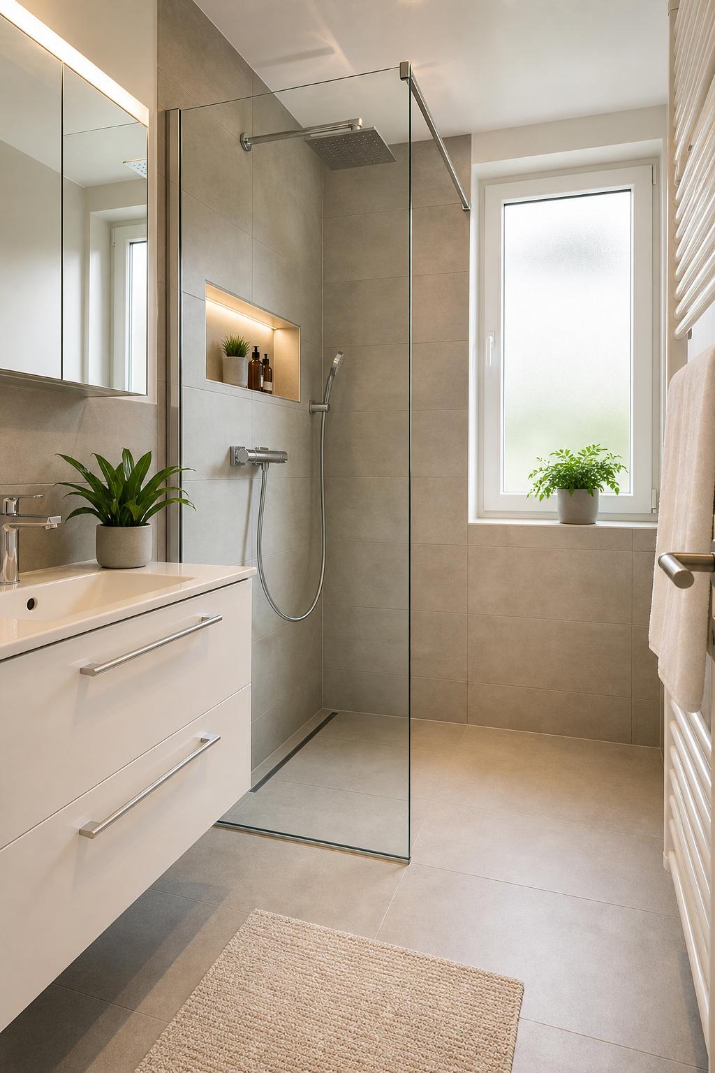 Helles, modernes Bad mit bodengleicher Walk-in-Dusche